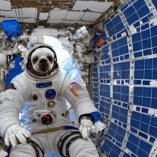 Prompt: dog astronaut repairing the outside of the international space station, photo, detailed, 4k