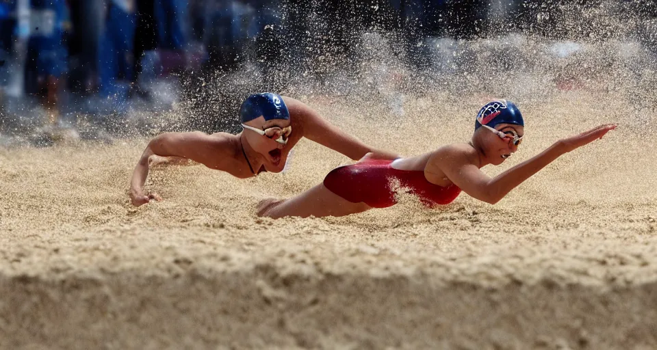 Image similar to olympic swimming in sand instead of water, extremely coherent, motion blur