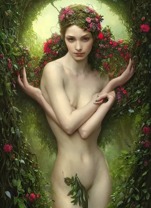 Prompt: beautiful full body portrait of the great fairy fountain, her body wrapped with ivy vines and flowers, dark fantasy esoteric, d & d, fantasy, cinematic lighting, intricate, elegant, highly detailed, digital painting, artstation, concept art, matte, sharp focus, illustration, art by artgerm and tom bagshaw and greg rutkowski and alphonse mucha