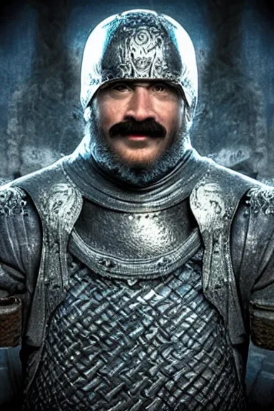 Image similar to “ very very intricate photorealistic photo of a realistic human version of super mario in an episode of game of thrones, photo is in focus with detailed atmospheric lighting, award - winning details ”