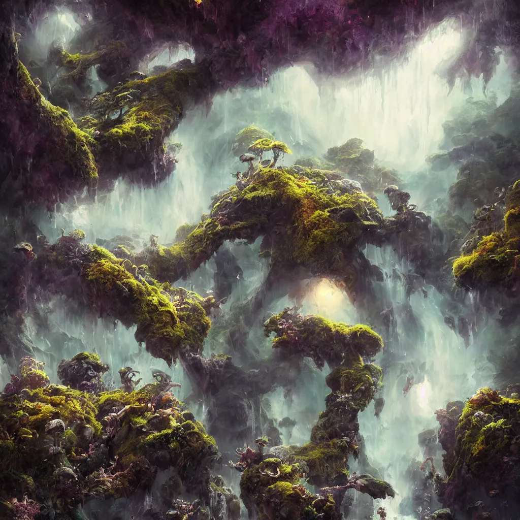Image similar to tom bagshaw, mythical gigantic space cavern, soft painting 3 d render curiosities carnival pond vegetation rocks mushrooms and tentacles covered moss, luminescent wisps, stunning waterfall, accurate features, focus, very intricate ultrafine details, random volumetric lighting, fog, award winning masterpiece, octane render 8 k hd, artstation