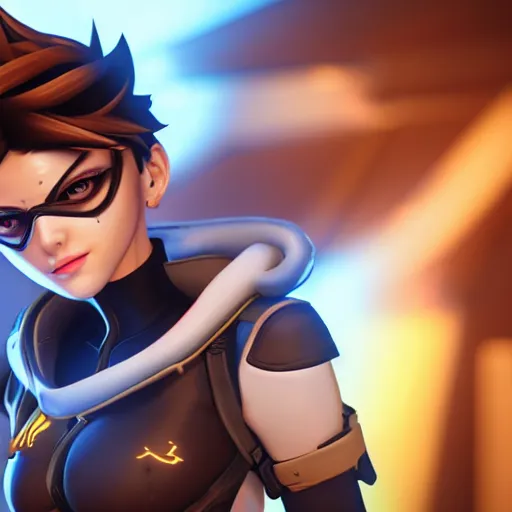 Prompt: tracer overwatch wearing black choker, dark makeup, feminine facial features, detailed eyes, detailed face, 4 k,