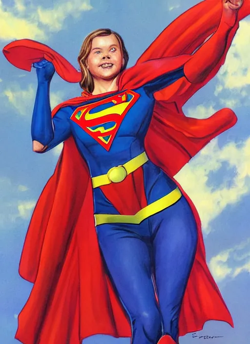 Image similar to greta thunberg as supergirl, artwork by earl norem, detailed digital art, trending on Artstation