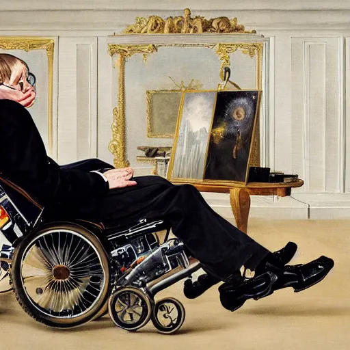 Image similar to stephen hawking in an exoskeleton suit, sci - fi painting by pieter claesz and james c. christensen