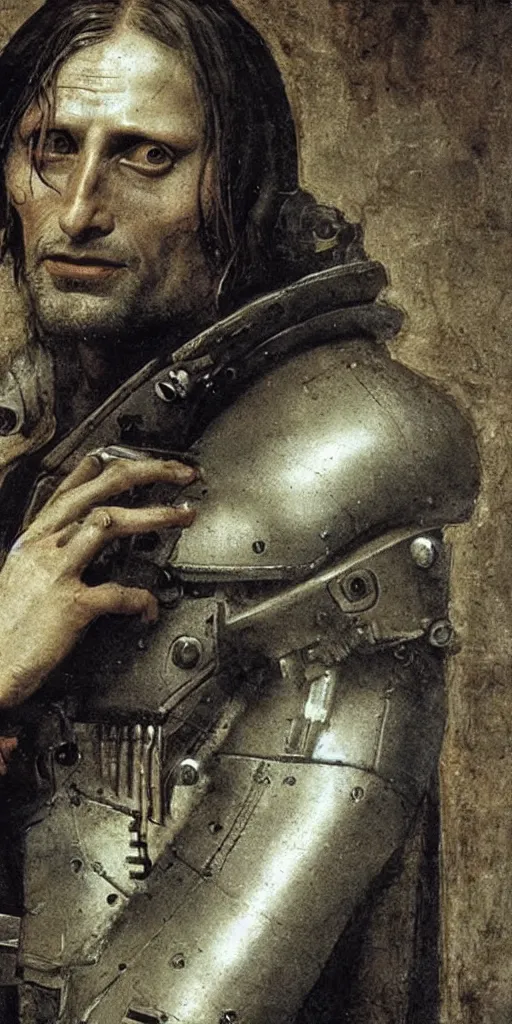 Prompt: a close - up portrait of a cyberpunk cyborg mads mikkelsen, by leonardo da vinci, rule of thirds