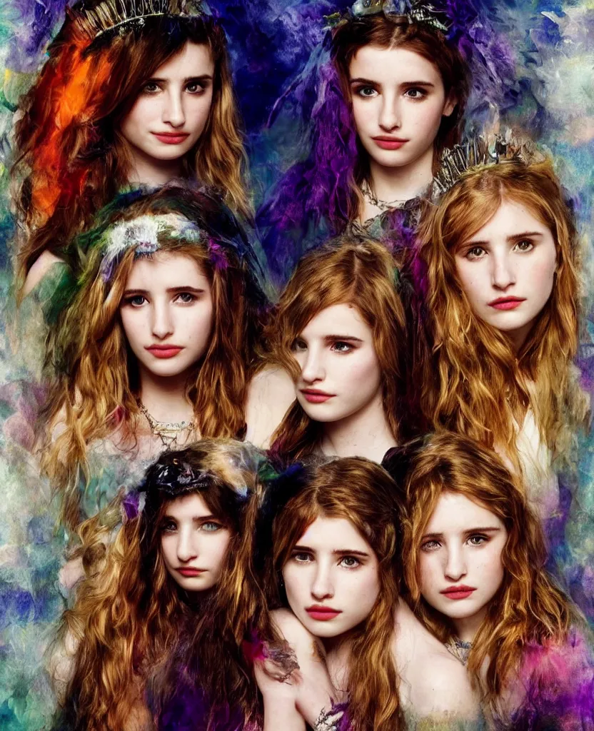 Prompt: young Emma Roberts, Thomasin McKenzie, and young Mädchen Amick as goddesses of ravens looking searchingly into your eyes. minute detail. blended shadowing. tricolors. ultra colorful. perfect lighting. perfect pose. amazing creative portrait illustration. the best portrait of a beautiful goddess in existence. large format image. image appears 3D.