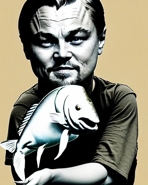 Image similar to photograph of leonardo dicaprio holding a carp in his both hands. movie poster, illustration by bartek fedyczak, erak note, tooth wu, neil richards, kan liu, siwoo kim, jisu choe, trending on art station