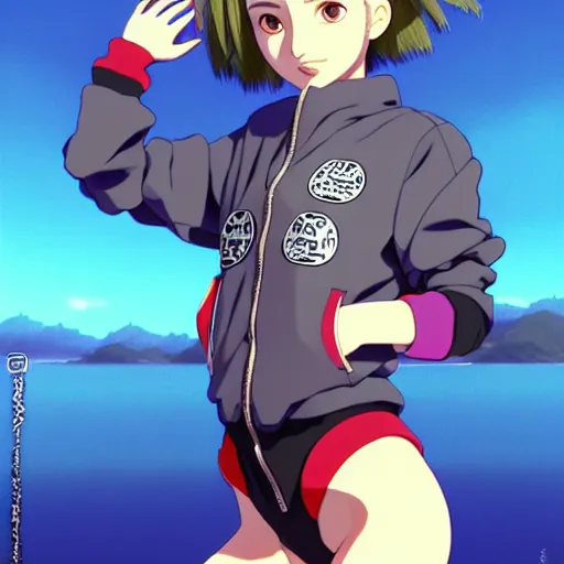 Image similar to beautiful boyish natalie portman gravure model in majora's mask, wearing big mayan bomber jacket with overalls and leotard, big bomber jacket with subtle mayan patterns, aztec bathing suit, gapmoe yandere grimdark, trending on pixiv fanbox, painted by greg rutkowski makoto shinkai takashi takeuchi studio ghibli, akihiko yoshida