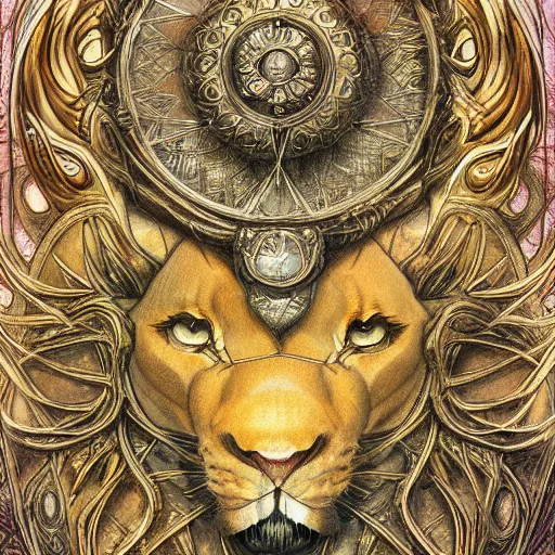 Image similar to detailed and sharp lion leo zodiac artwork, mystic style, detailed, 8 k, detailed, symmetrical, by brian froud