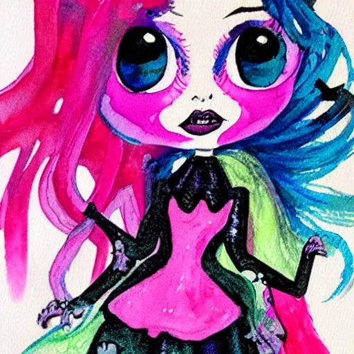 Prompt: colorful watercolor painting of a monster high doll