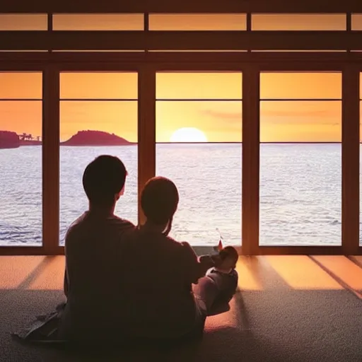 Prompt: a cozy room in Japan with the sunset through the windows and a couple watching the sunset together