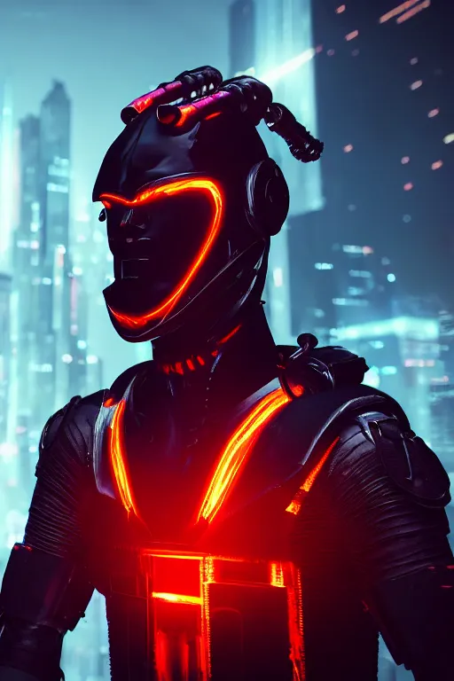 Prompt: Cyberpunk Flame Suit, fantasy, photorealistic, glowing eyes, 4k, cinematic lighting