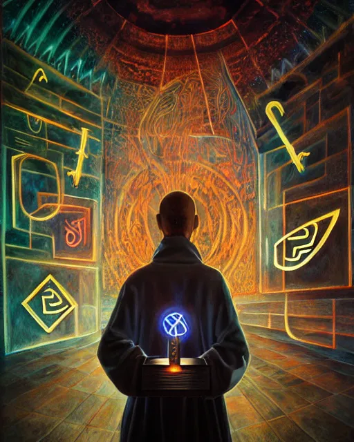 Image similar to photorealist painting of mage reciting an incantation and standing on glowing runes in the middle of dark room, high production value, intricate details, high resolution, hyperrealistic, hdr, high definition, masterpiece, ultra realistic, highly detailed, hd, sharp focus, non blurry, sharp, smooth