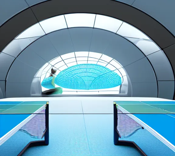 Prompt: A table tennis table whichi is also a pool inside a futuristic lounge in a glass dome, designed by zaha hadid, octane render, ray tracing, 8k resolution, sharp