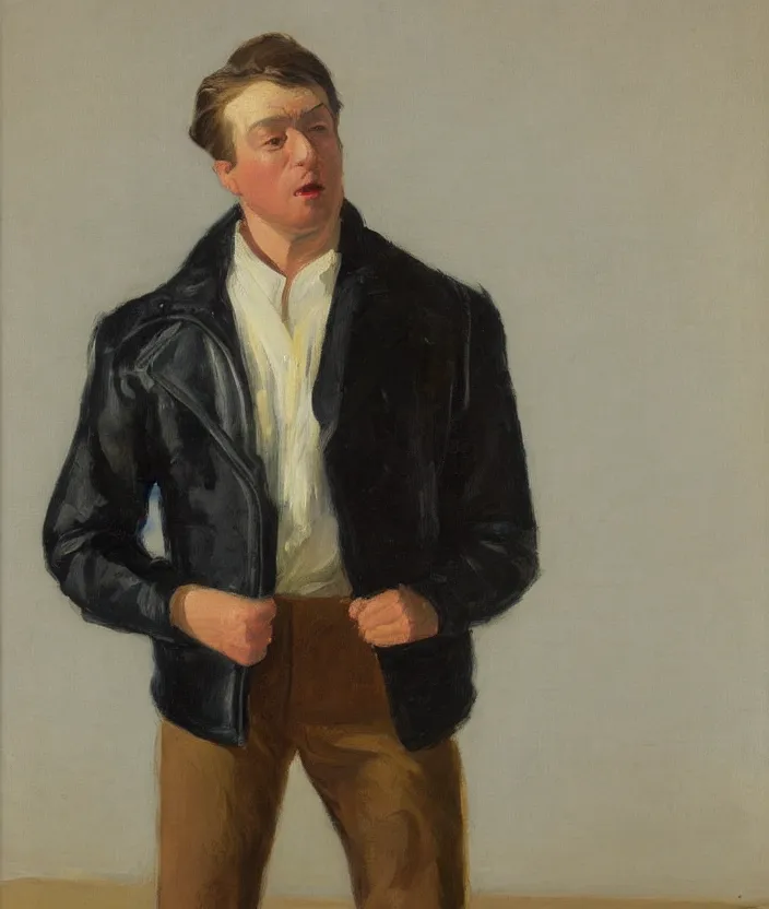 Image similar to a very detailed portrait of a man, wearing an 8 0 s leather jacket with big shoulder pads, front view, in the style of edward hopper and oswald hornby joseph birley and susan ryder, very small brushstrokes, 4 k,