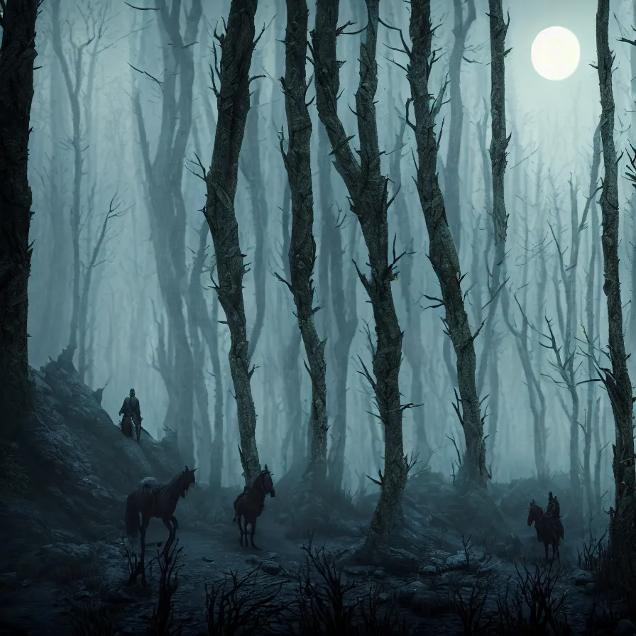 Image similar to the wild hunt, spectral riders in the full moon, lurking creepy woods, shadow creatures, dark enchanted forest, blizzard, fog, treacherous road, uneasy atmosphere, from the witcher series, cinematic, arnold gpu + octane workflow, 8 k, unreal 5, hyperrealist, intricate digital art, volumetric lighting, trending artstation, dark fantasy