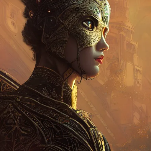 Image similar to portrait knights of Zodiac girl, metallic black and reddish color reflected armor, in ruined Agora of Athens, ssci-fi, fantasy, intricate, very very beautiful, elegant, golden light, highly detailed, digital painting, artstation, concept art, smooth, sharp focus, illustration, art by WLOP and tian zi and alphonse mucha