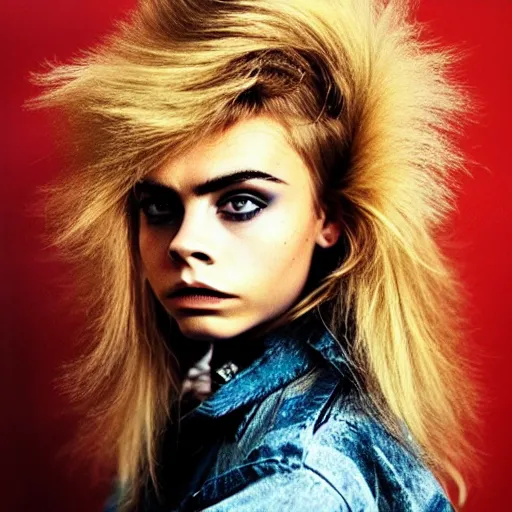 Prompt: photo of a gorgeous 20-year-old Cara Delevingne 1980s punk hairstyle by Mario Testino, detailed, head shot, award winning, Sony a7R -