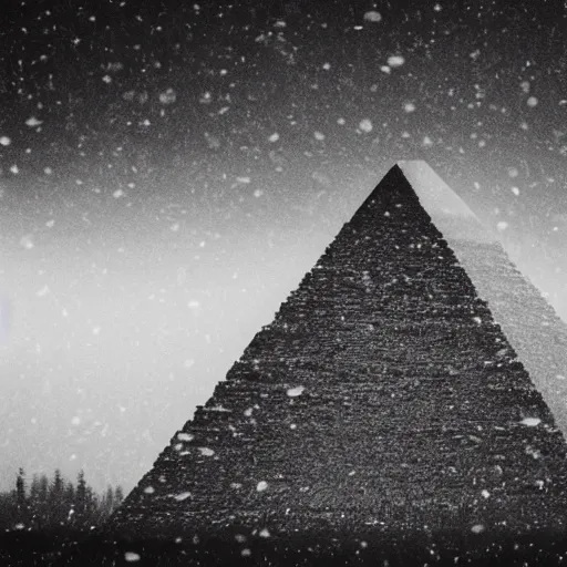 Prompt: a monolithic pyramid on the horizon in a taiga. overcast sky, snowing.
