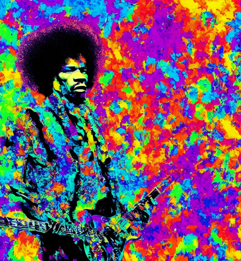 Prompt: jimi hendrix full body, colourful afrofuturist biomorphic scifi opart in background, 8 k