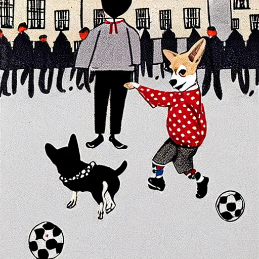 Image similar to book illustration of a french boy on the streets of paris playing football against a corgi, the dog is wearing a polka dot scarf, 1 9 6 6