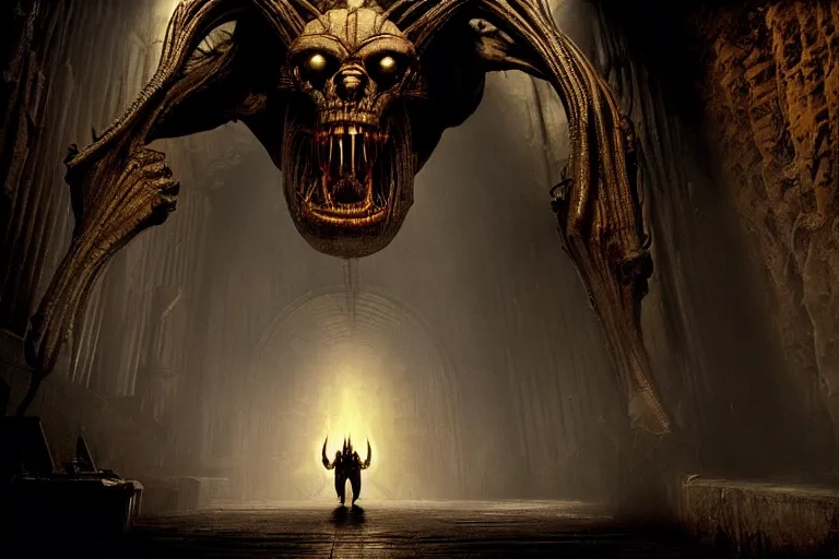 Image similar to balrog at the far end of a great hall in moria, style of h. r. giger, realistic movie still, cinematic, cgi,