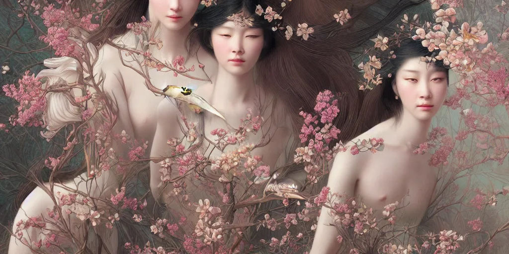 Prompt: breathtaking detailed concept art painting pattern of faces goddesses with anxious piercing eyes and blend of flowers and birds, by hsiao - ron cheng and john james audubon, bizarre compositions, exquisite detail, extremely moody lighting, 8 k