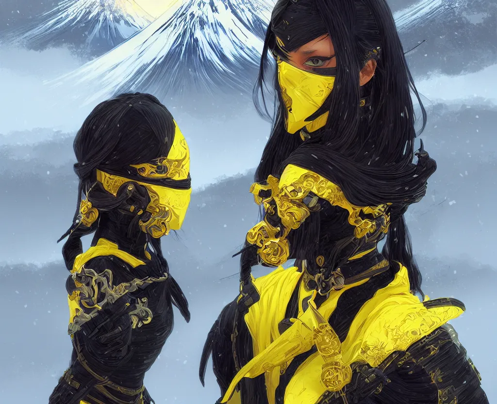 Image similar to portrait ninja gaiden girl, black plus yellow ninja wardrobe, at snowy fuji mountain sunrise, ssci - fi and fantasy, intricate and very very beautiful, detailed, digital painting, artstation, concept art, smooth and sharp focus, illustration, art by tian zi and wlop and alphonse mucha