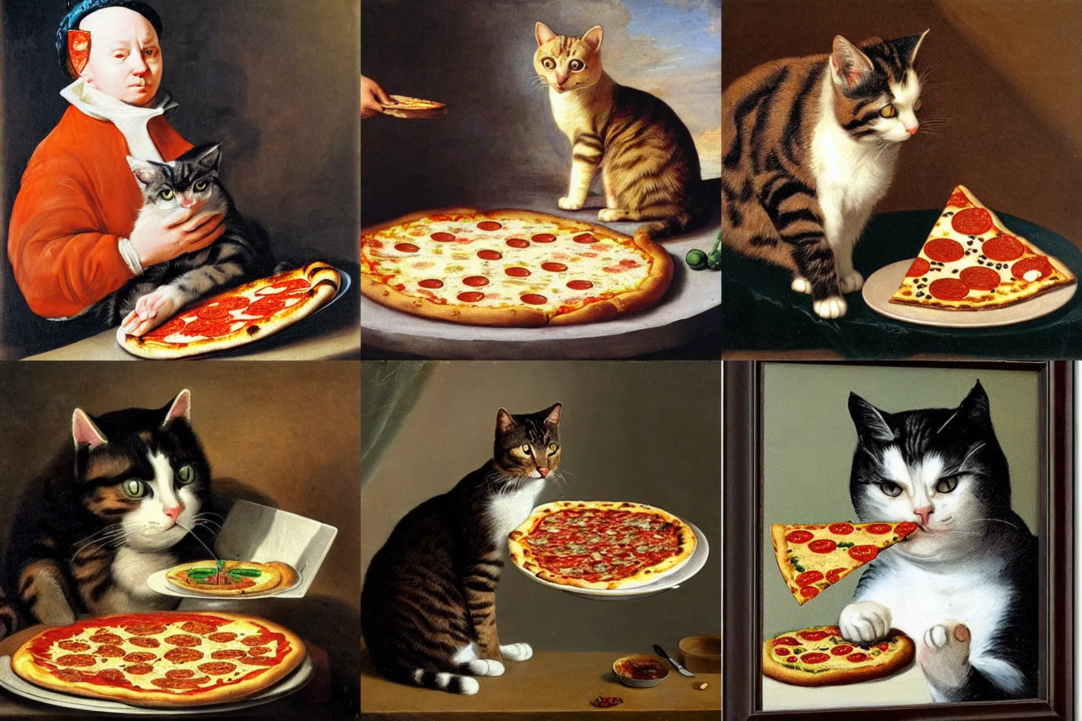 Prompt: Cat serving a pizza by Rembrant