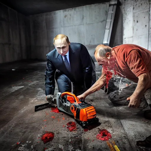 Image similar to putin with a chainsaw and a corpse. in a concrete bunker. focus on putins face with blood splatters. canon eos r 3, f / 1. 4, iso 1 6 0 0, 1 / 8 0 s, 8 k, raw, grainy