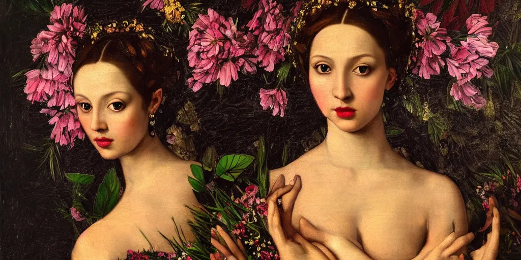 Image similar to a portrait of a very beautiful goddess with a halo behind her head, seductively looking in front, closeup, beautiful aesthetic face, in the style of Caravaggio and Vermeer and Gustav Klimt, realistic, dark, dramatic lighting, large flowers in the background