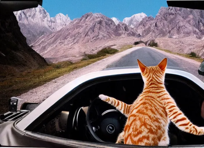 Image similar to A very high resolution image from a new movie, a cat driging around, inside of a car , mountains, Polaroid, directed by wes anderson