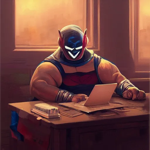 Image similar to a insanely detailed painting of a chubby masked asian man wearing a superhero costume sitting at a desk, staring at the nervously at the computer typing, in the style of peter mohrbacher, dramatic lighting and composition, trending on artstation, concept art, comic book