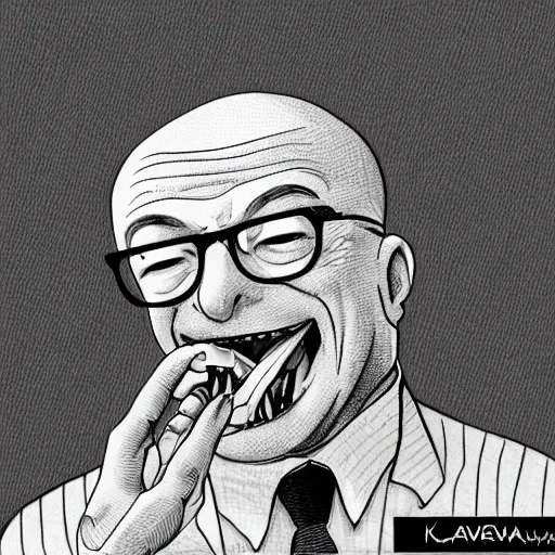 Image similar to a funny charicature of Klaus Schwab eating some bugs and worms, cartoony, highly detailed, gruwesome details, 8k