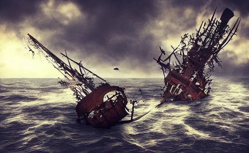 Image similar to “Pirate ship wreck falling from the sky, 4k, cinematic, award winning”