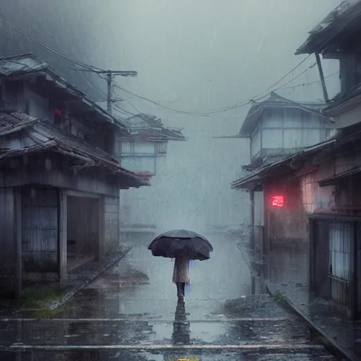 Prompt: walking around dilapidated ikeshima island, nagasaki, japan. volumetric lighting, rain, spring middag, dark overcast weather, realistic illustration, perfectly shaded, soft painting, art by krenz cushart and wenjun lin