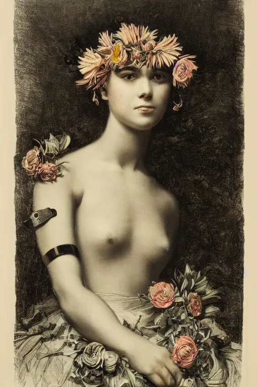 Image similar to close-up portrait of a beautiful young cyborg woman with a big flower crown, Honoré Beaumier lithography