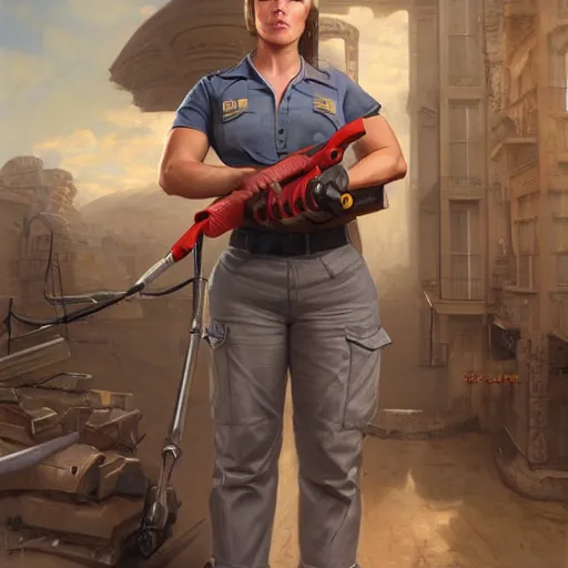 Image similar to epic portrait a slightly muscular woman wearing short sleeved uniform and carrying a powertool, detailed, centered, digital painting, artstation, concept art, donato giancola, Joseph Christian Leyendecker, WLOP, Boris Vallejo, Breathtaking, 8k resolution, extremely detailed, beautiful, establishing shot, artistic, hyperrealistic, beautiful face, octane render