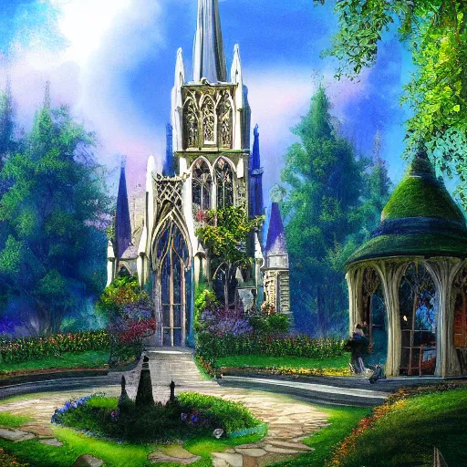 Image similar to a beautiful painting of heaven garden and gothic crystal church by empyrean, alice in wonderland, rendered on artstation,