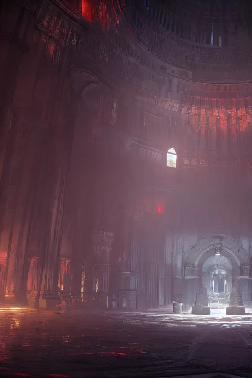 Prompt: symmetrical, centered composition, ancient church with red shafts of light in destiny 2, foggy, liminal, dark, dystopian, beautiful architecture, abandoned, highly detailed 4 k destiny 2 expansion key art wallpaper