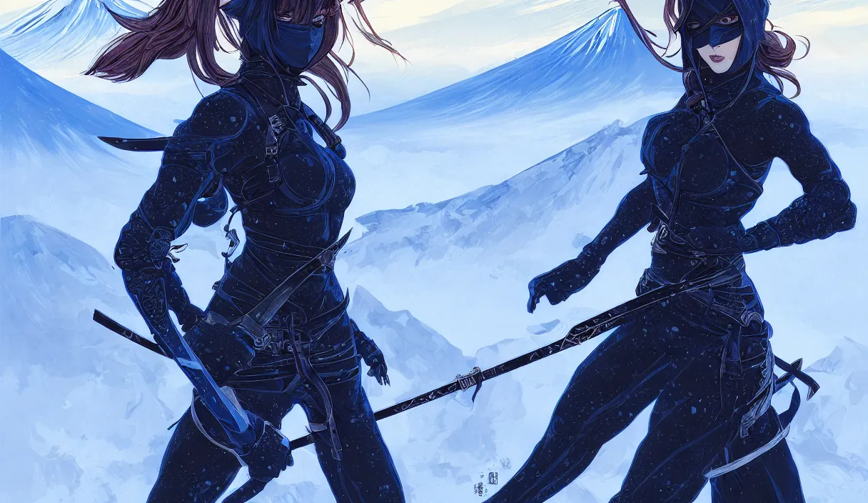 Image similar to portrait ninja gaiden girl, black and blue ninja wardrobe, at snowy fuji mountain sunrise, ssci - fi and fantasy, intricate and very very beautiful, detailed, digital painting, artstation, concept art, smooth and sharp focus, illustration, art by tian zi and wlop and alphonse mucha