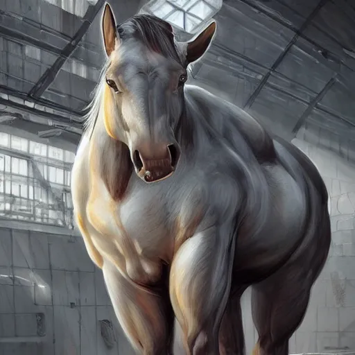 Image similar to a gigantically muscular anthro horse in a research facility wearing a skintight body armor, buff experimental supersoldier, long white mane, digitigrade legs, equine, anthro art, furaffinity, highly detailed, digital painting, artstation, concept art, illustration, art by artgerm, greg rutkowski, ruan jia