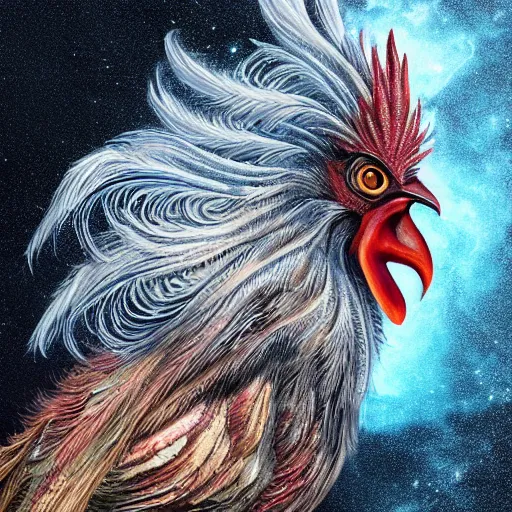 Image similar to a wlop 3 d render of very very very very highly detailed beautiful mystic portrait of a phantom undead rooster with whirling galaxy around, tattoos by anton pieck, intricate, extremely detailed, digital painting, artstation, concept art, smooth, sharp focus, illustration, intimidating lighting, incredible art,