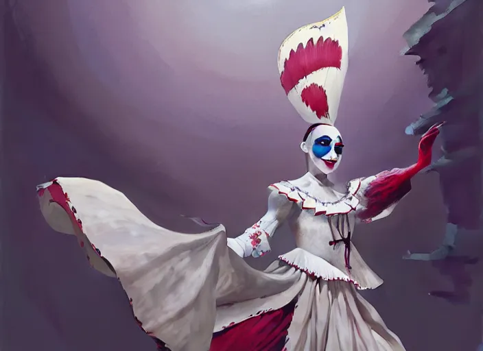 Prompt: award winning digital art of a beautiful elegant pierrot jester wearing a traditional pierrot outfit, performing at a magnificent carnival, beautiful background, trending artstation, digital art, aesthetic, bloom, intricate, elegant, sharp focus, digital illustration, highly detailed, octane render, digital painting, concept art, art by ruan jia and greg rutkowski and sachin teng, masterpiece