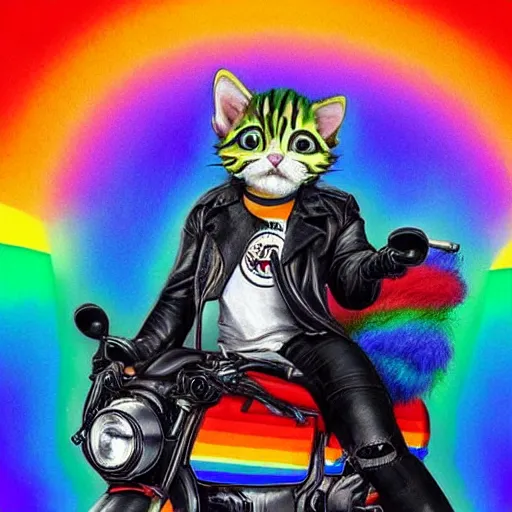 Image similar to wide angle full body, jacket wearing fluffy cute rainbow kitten wearing a black leather motorcycle jacket, concept art