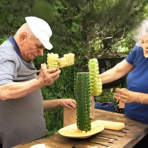 Prompt: an old man is stacking pickles his wife's head, making it look like a tower