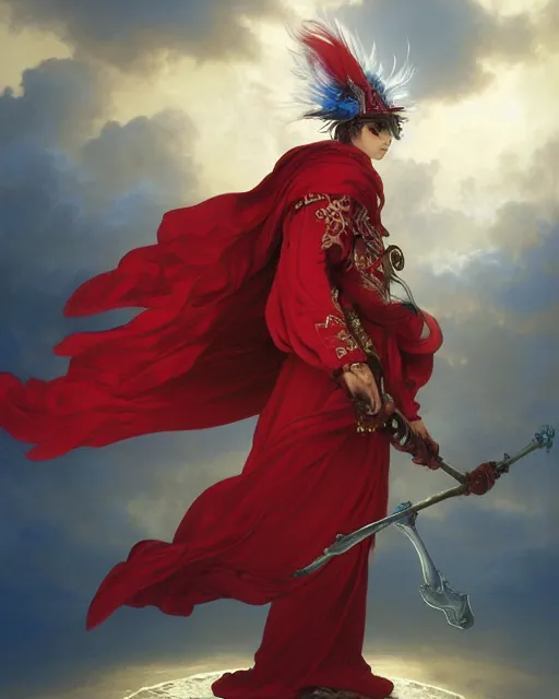 Prompt: A Full View of a Red Mage wearing striped shining armor and a feathered hat holding a staff of power surrounded by an epic cloudscape. Magus. Red Wizard. masterpiece. 4k digital illustration. by Ruan Jia and Artgerm and Andreas Rocha and William-Adolphe Bouguereau and Edmund Blair Leighton. award winning, Artstation, intricate details, realistic, Hyperdetailed, 8k resolution. Concept Painting. Key Art