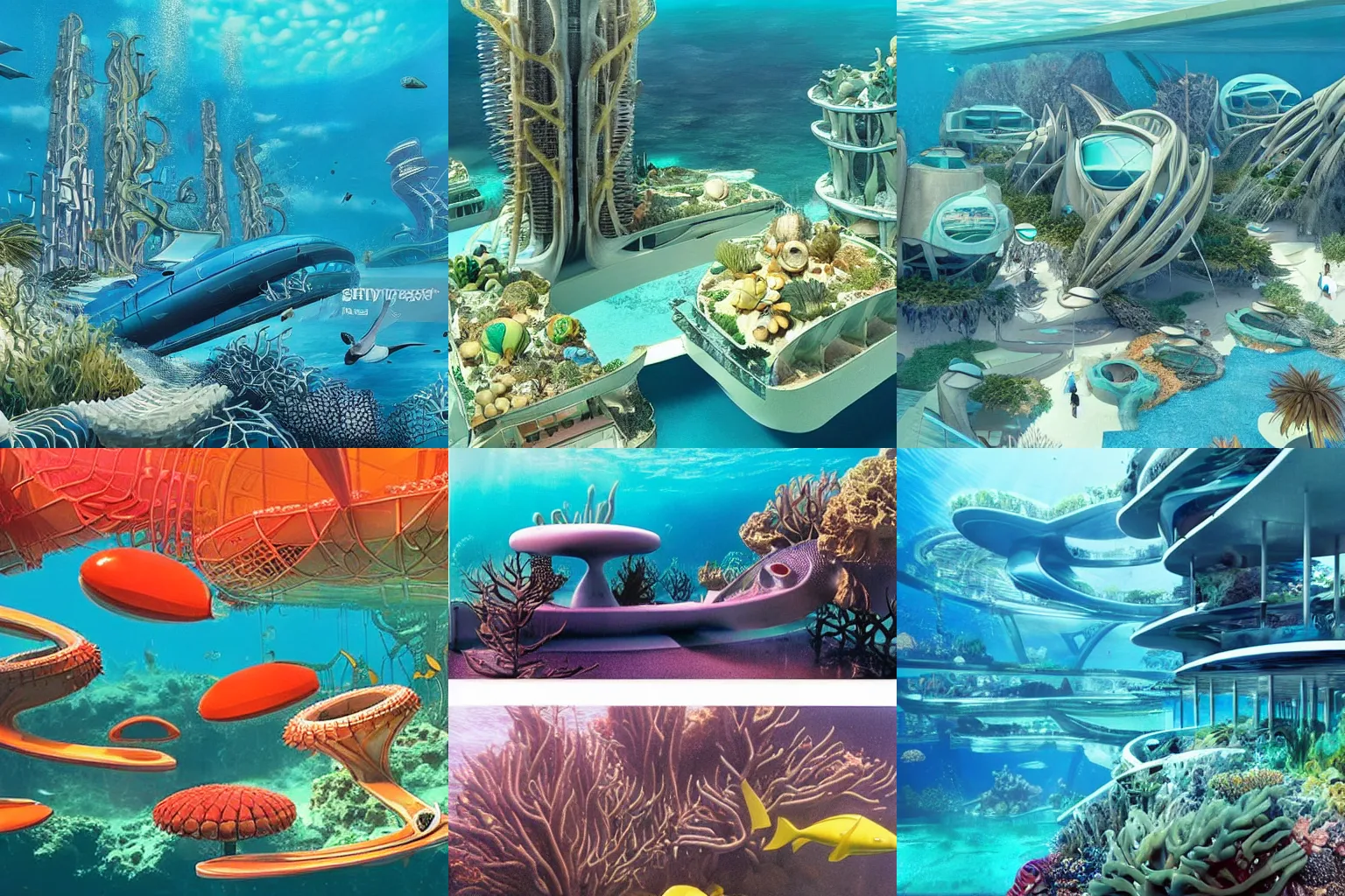 Prompt: futuristic googie style underwater architecture with lots of coral and sea kelp everywhere all over the exterior, it is the underwater city of atlantis