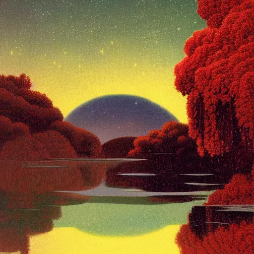 Image similar to night sky reflected in the water, landscape pixel art by maxfield - parrish