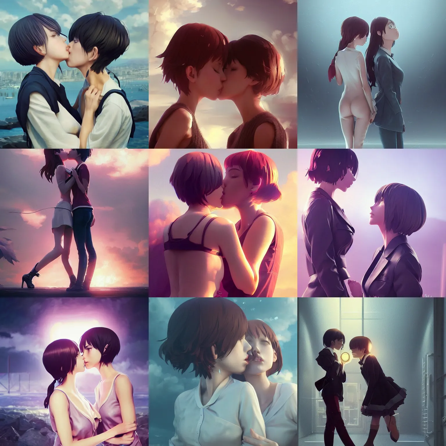 Prompt: worksafe. instagram photo. insanely detailed. by wlop, ilya kuvshinov, krenz cushart, greg rutkowski, pixiv. zbrush sculpt, octane, maya, houdini, vfx. two anime girls kiss. in luxury advertisement. cinematic dramatic atmosphere, sharp focus, volumetric lighting